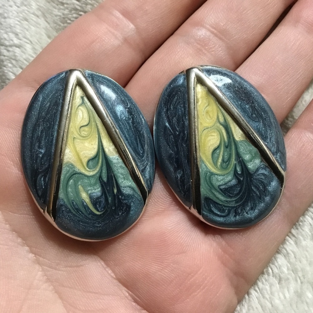 Vintage Shimmering Enameled Oval Earrings